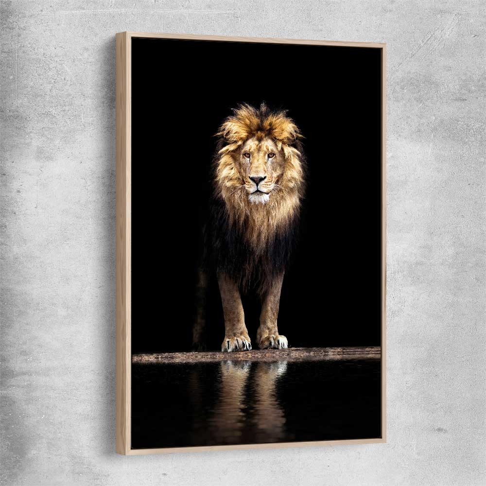 Animal wall art and canvas prints of Majestic Lion Portrait with raw oak framed canvas