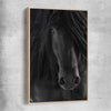 Animal wall art and canvas prints of Midnight Friesian Horse with raw oak framed canvas