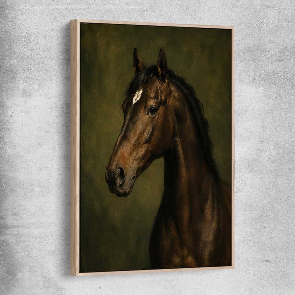 Animal wall art and canvas prints of Midnight Stallion with raw oak framed canvas