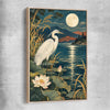 Animal wall art and canvas prints of Moonlit Heron with raw oak framed canvas