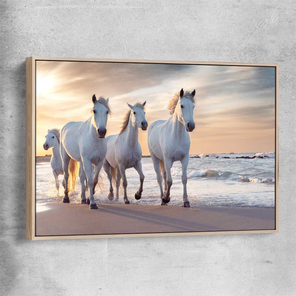 Animal wall art and canvas prints of Ocean Breeze Horses with raw oak framed canvas