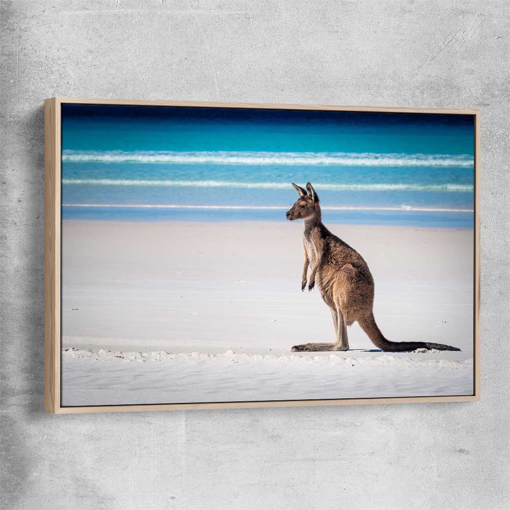 Animal wall art and canvas prints of Ocean Kangaroo Edge with raw oak framed canvas