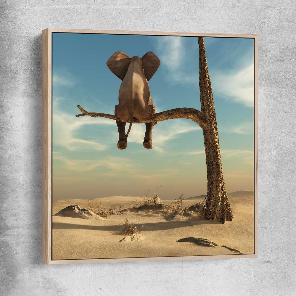 Animal wall art and canvas prints of Pondering Elephant with raw oak framed canvas