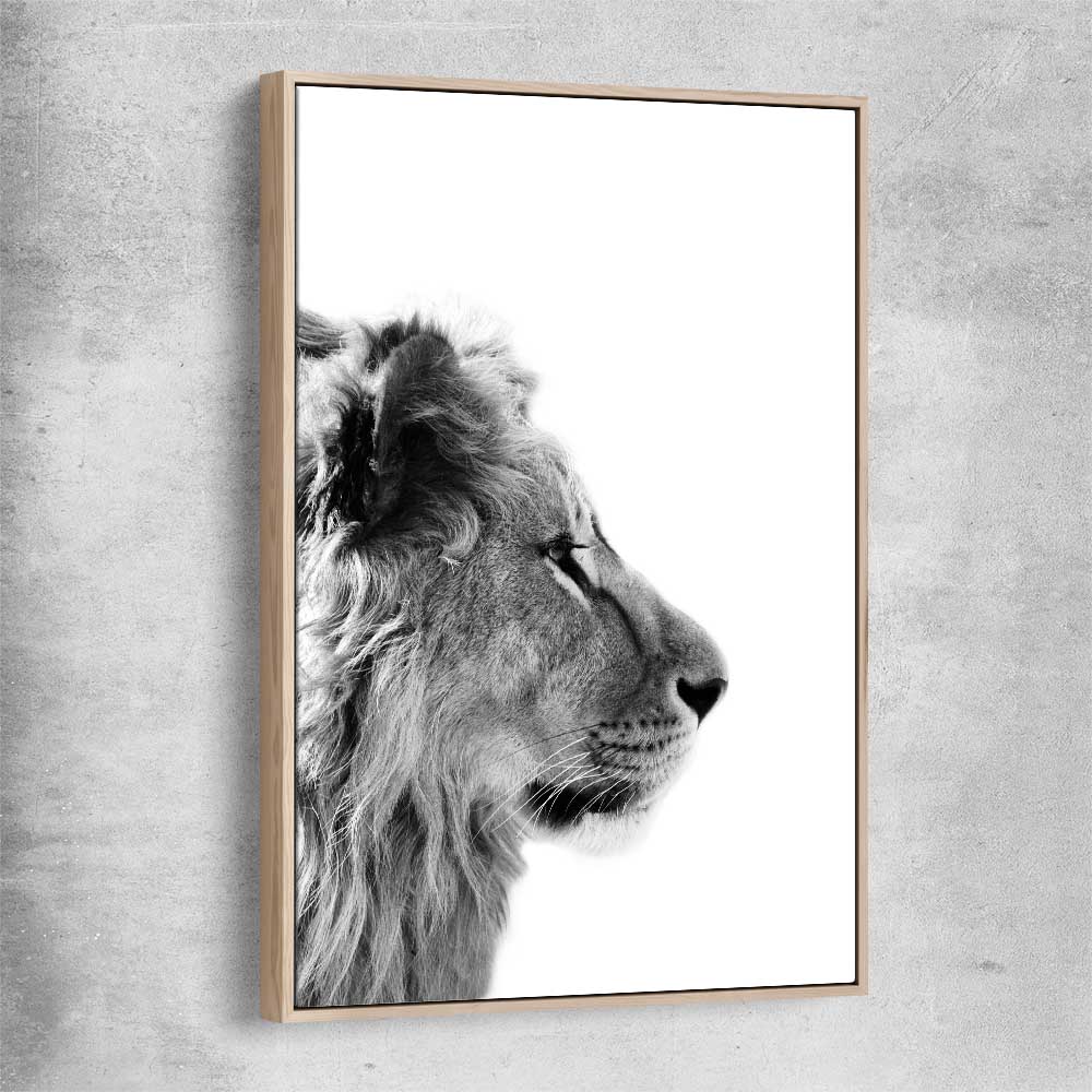 Animal wall art and canvas prints of Pondering Lion with raw oak framed canvas