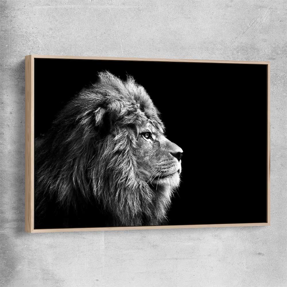 Animal wall art and canvas prints of Regal Lion Profile with raw oak framed canvas