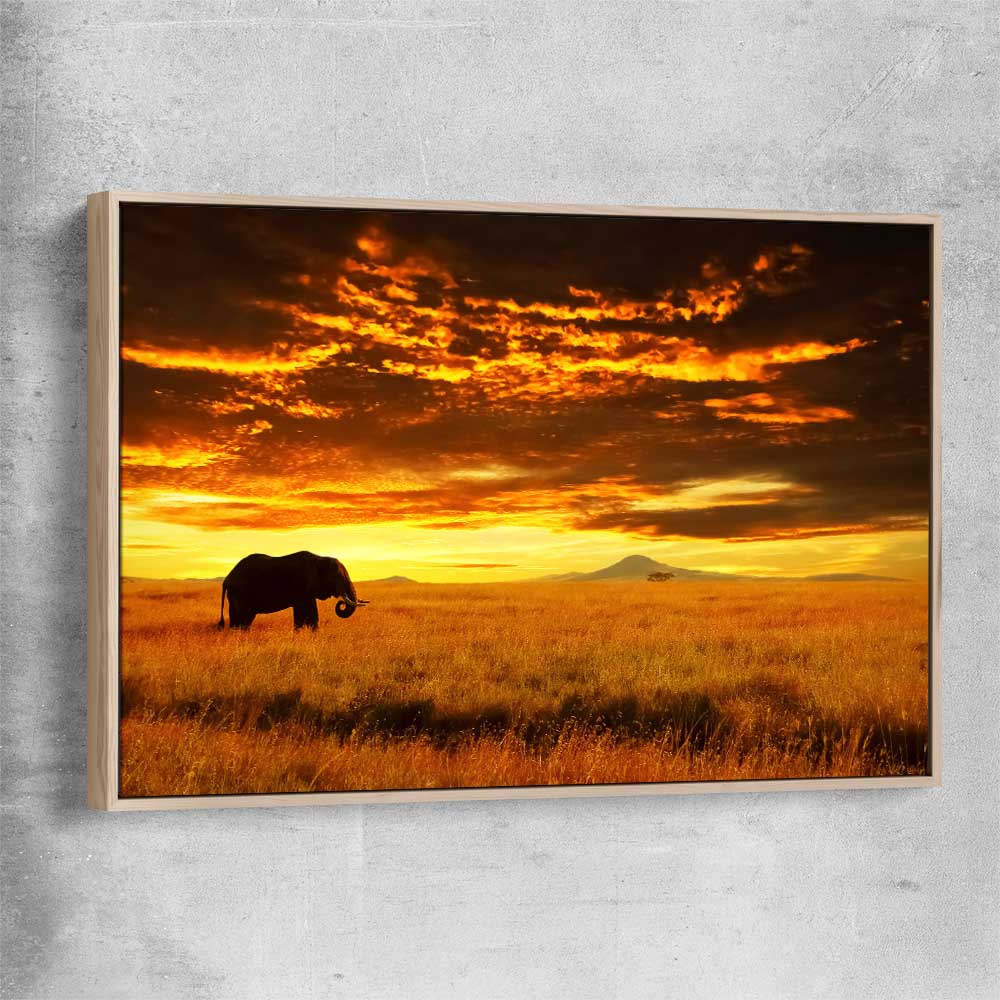 Animal wall art and canvas prints of Savannah Elephant Sunset with raw oak framed canvas
