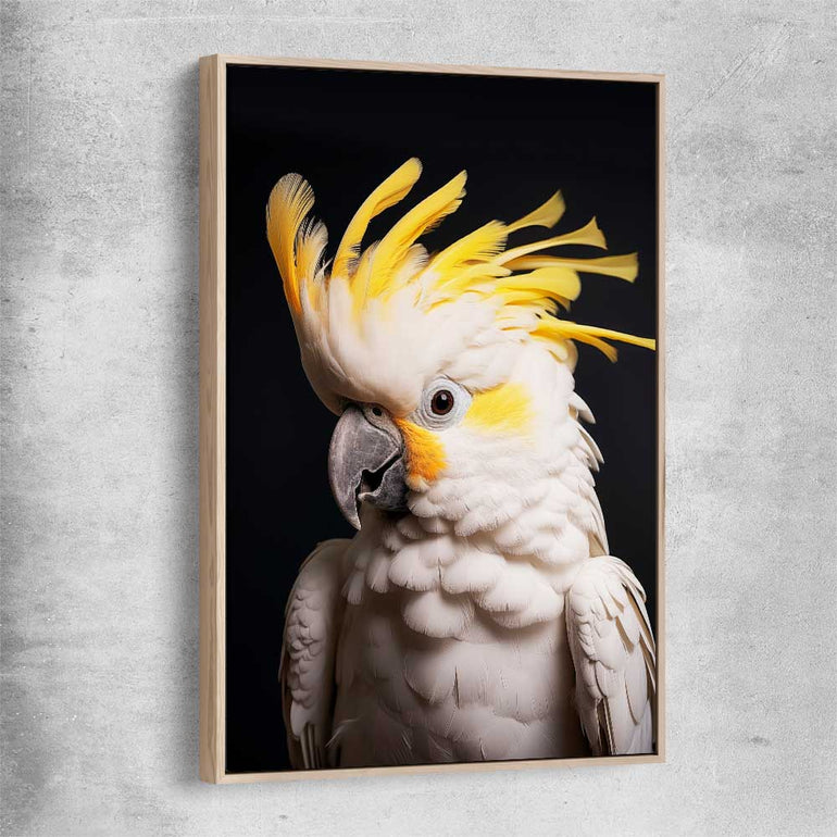 Animal wall art and canvas prints of Yellow Cockatoo Two with raw oak framed canvas