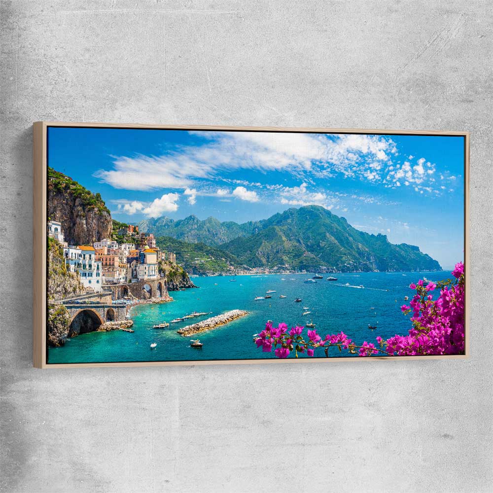 Beach and coastal wall art print of Amalfi Coast Escape with raw oak framed canvas