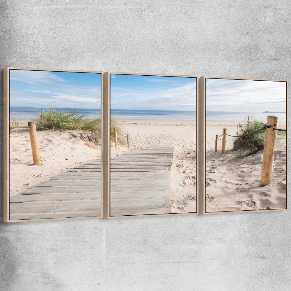 Beach and coastal wall art print of Beautiful Beach Path Set with raw oak framed canvas
