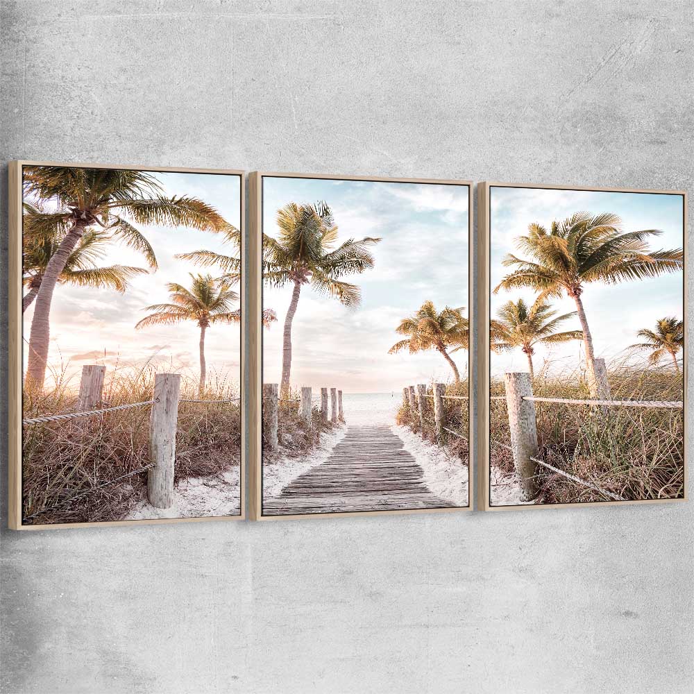 Beach and coastal wall art print of Florida Sunrise Set with raw oak framed canvas