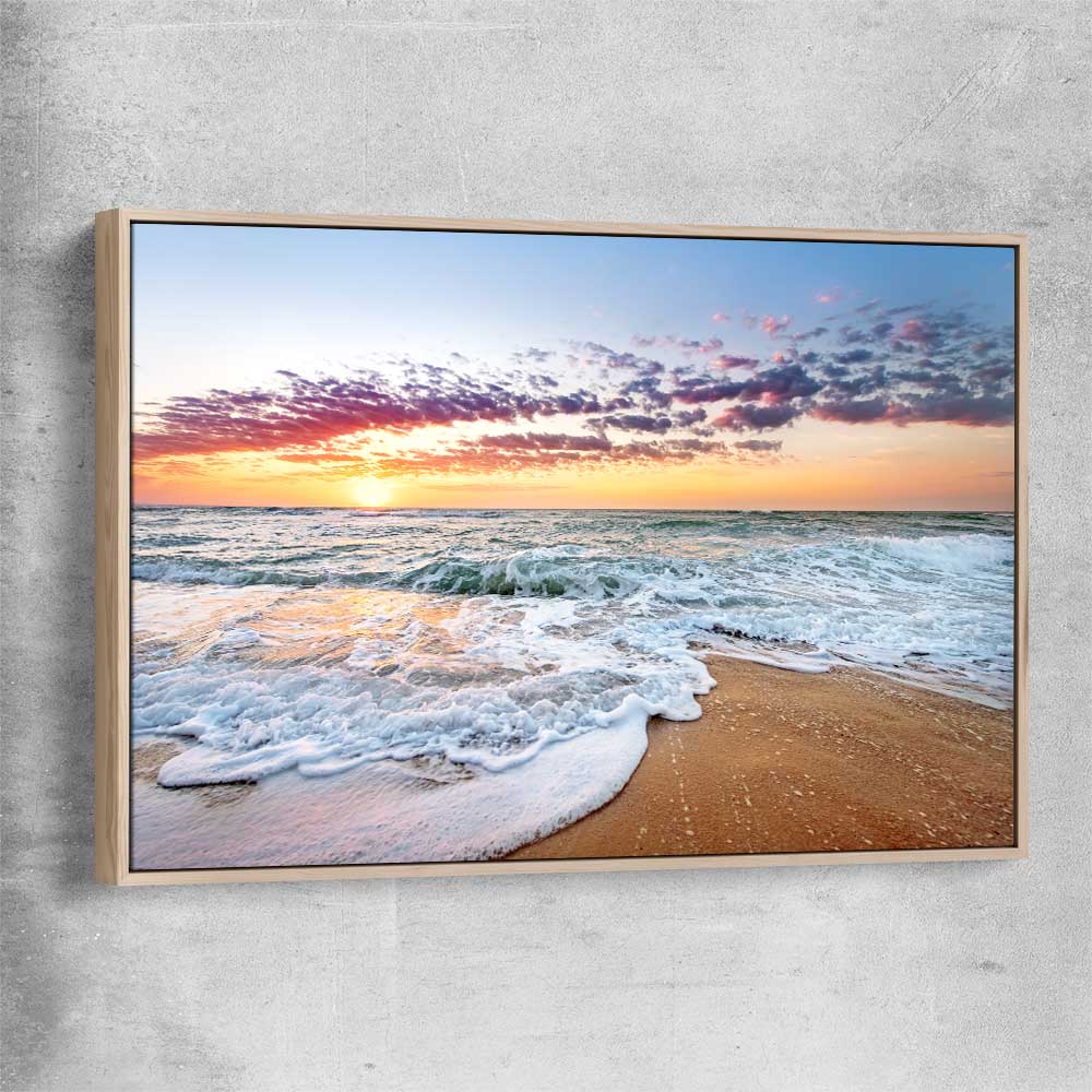 Beach and coastal wall art print of Pastel Ocean Horizon with raw oak framed canvas
