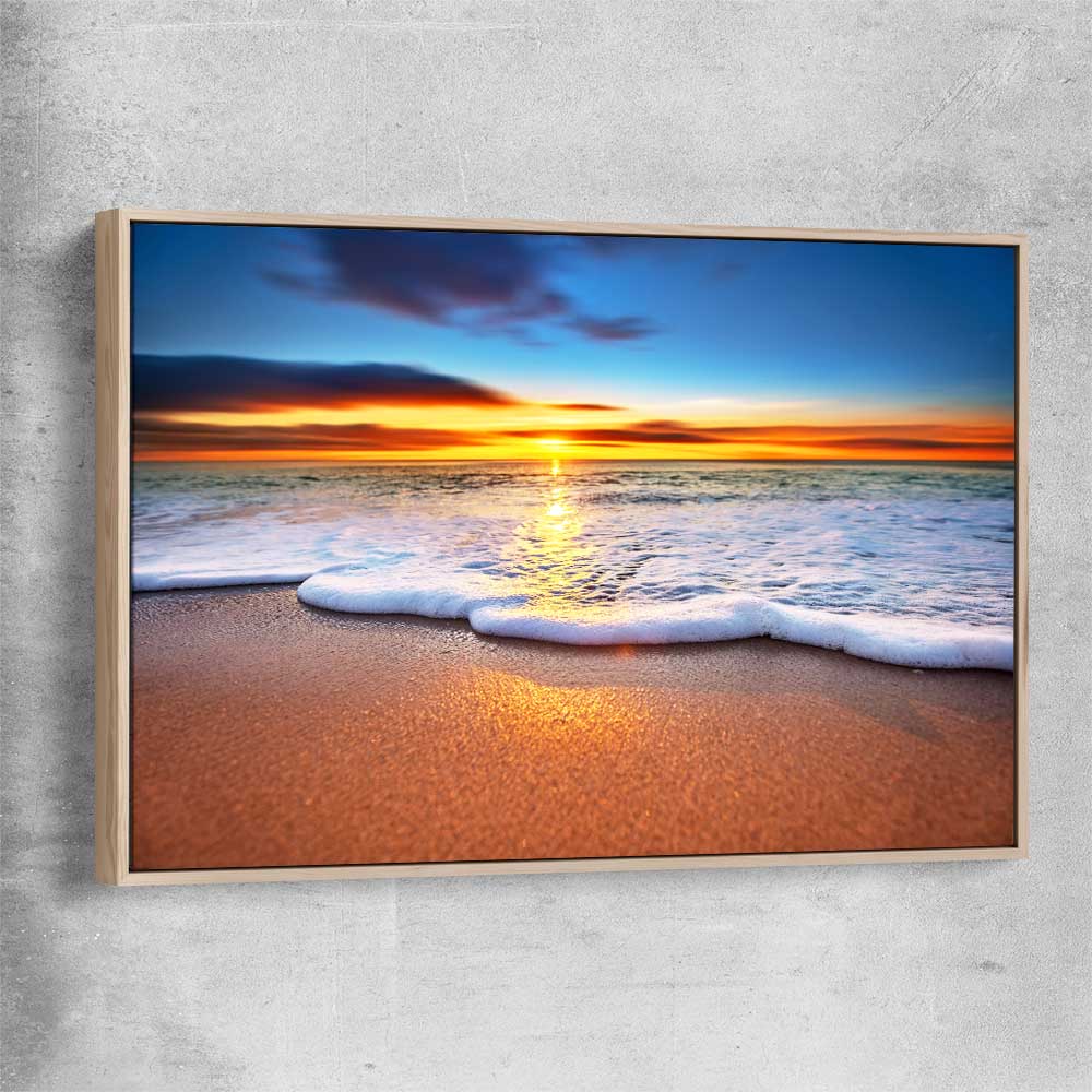 Beach and coastal wall art print of Radiant Ocean Sunset with raw oak framed canvas