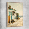 Beach and coastal wall art print of Seaside Surf Shack with raw oak framed canvas
