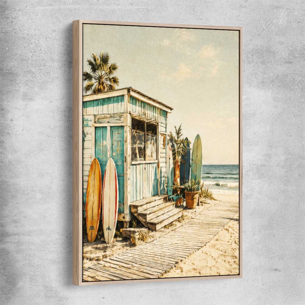 Beach and coastal wall art print of Seaside Surf Shack with raw oak framed canvas