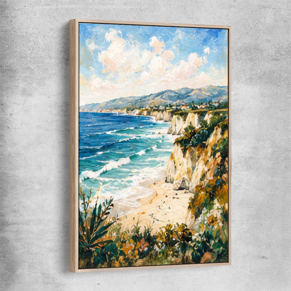 Beach and coastal wall art print of Shoreline Light Strokes with raw oak framed canvas
