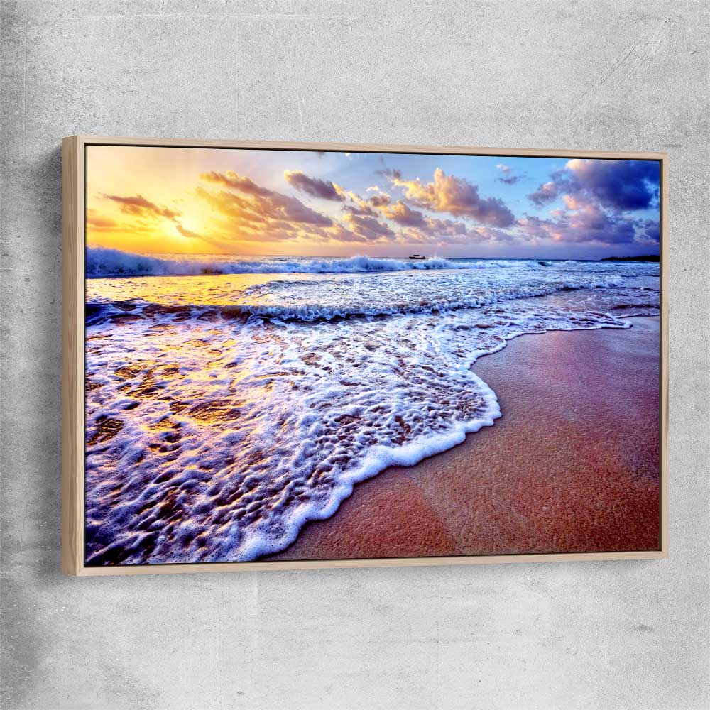 Beach and coastal wall art print of Sunset Coastal Glow with raw oak framed canvas
