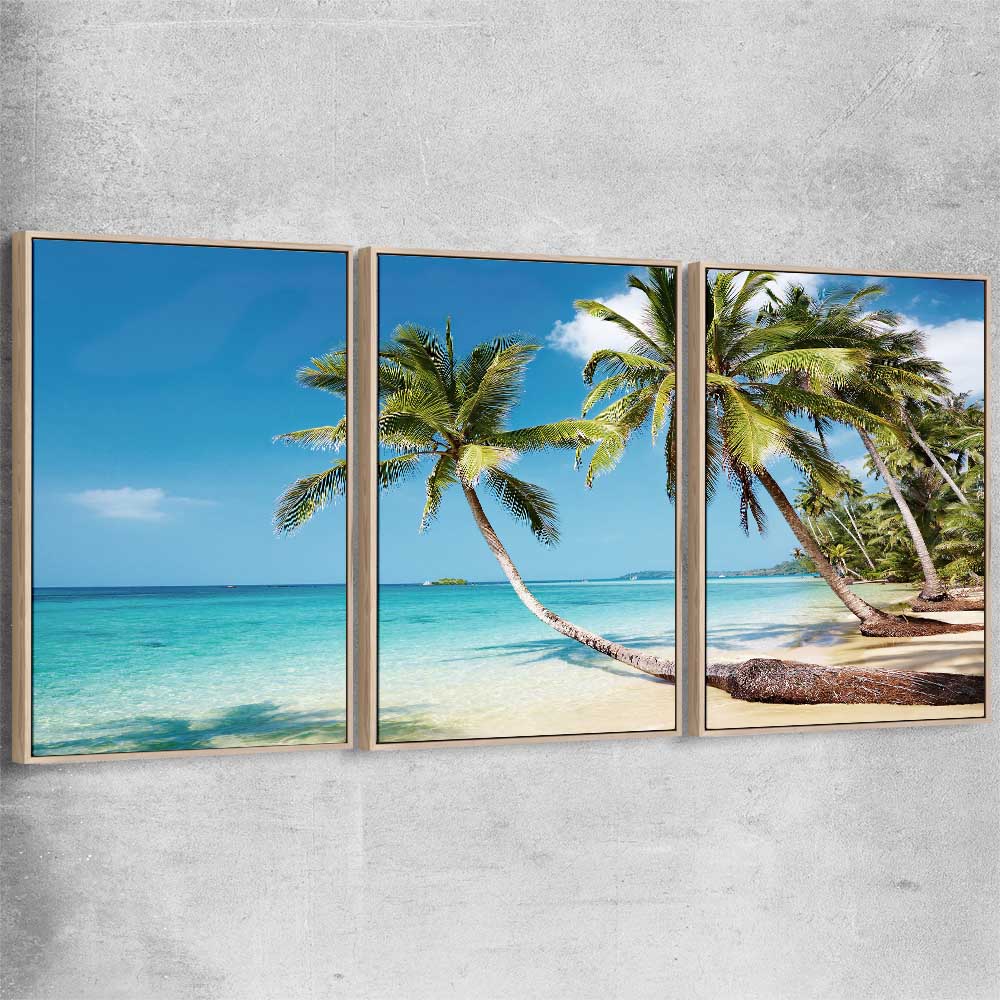 Beach and coastal wall art print of Tropical Paradise Set with raw oak framed canvas