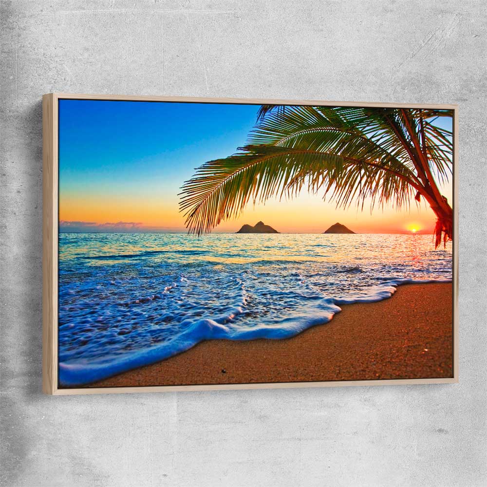 Beach and coastal wall art print of Tropical Sunset Shore with raw oak framed canvas