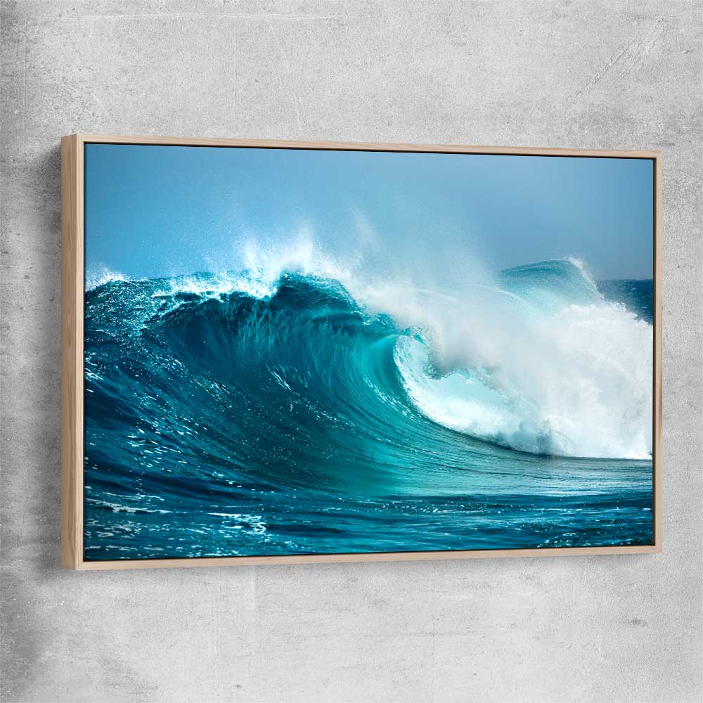 Beach and coastal wall art print of Turquoise Wave Break with raw oak framed canvas