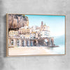 Beach and coastal wall art print of Amalfi Tides with raw oak framed canvas