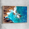 Beach and coastal wall art print of Azure Blue Sea with raw oak framed canvas