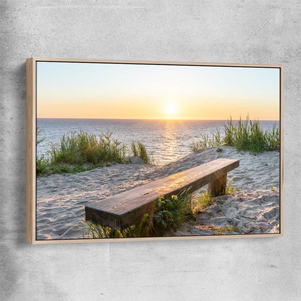 Beach and coastal wall art print of Baltic Sea Sunset with raw oak framed canvas