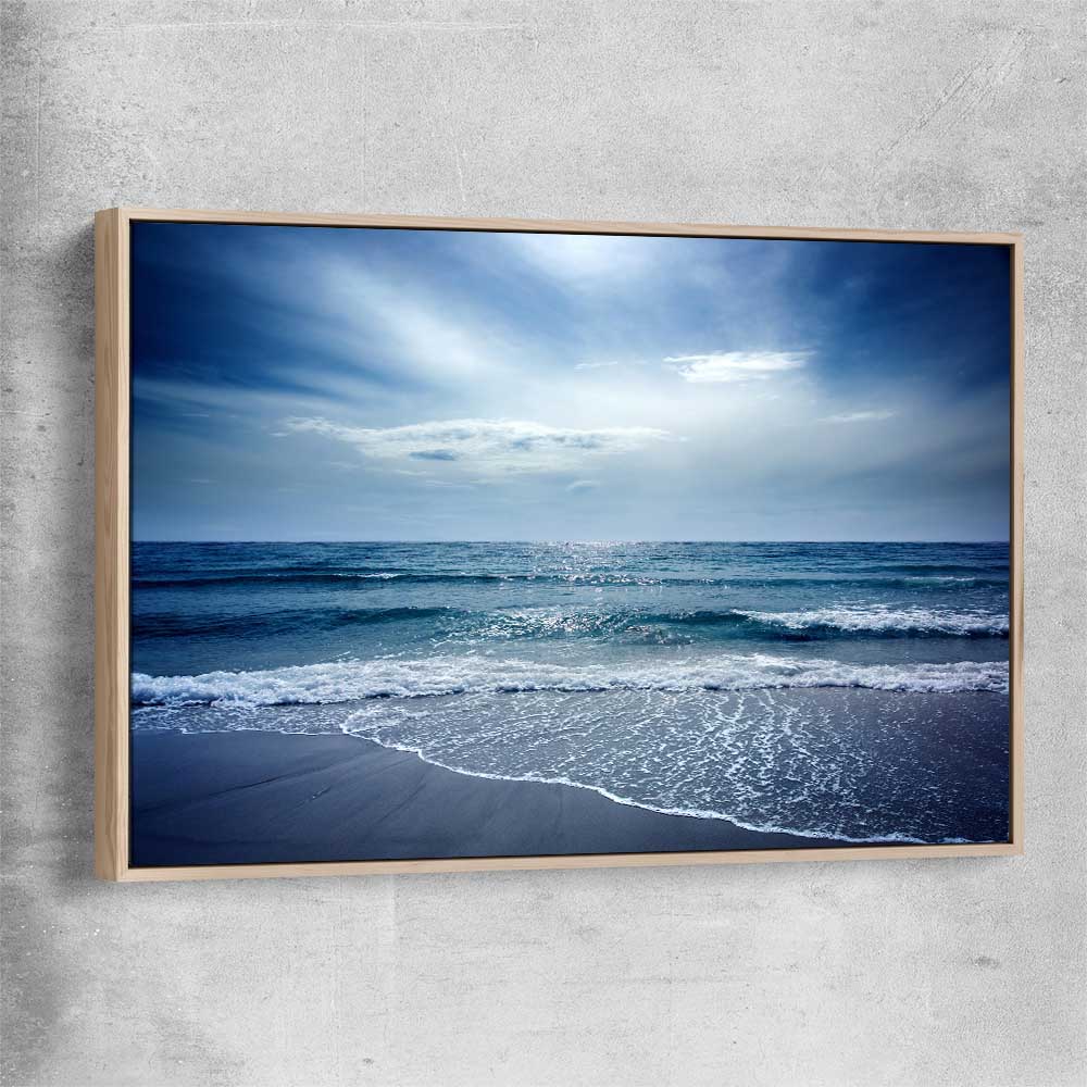 Beach and coastal wall art print of Beach Solitude with raw oak framed canvas