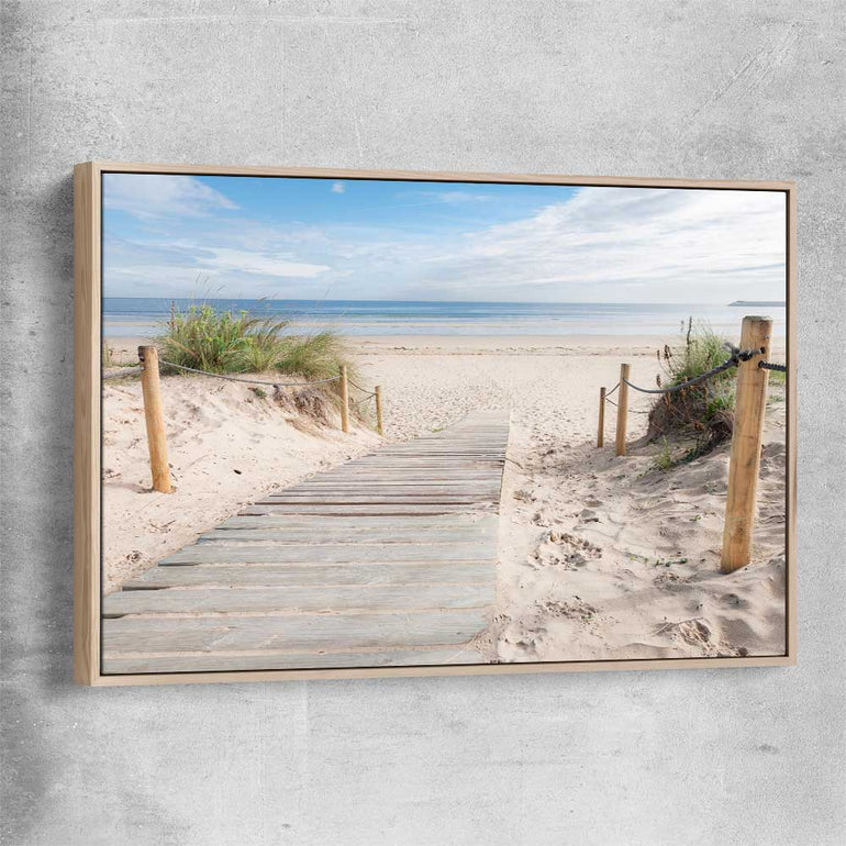 Beach and coastal wall art print of Beautiful Beach Path with raw oak framed canvas