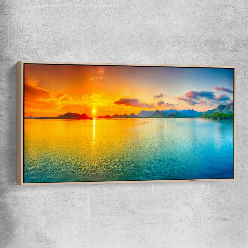 Beach and coastal wall art print of Beautiful Sunset with raw oak framed canvas