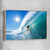 Beach and coastal wall art print of Blue Ocean Surfer with raw oak framed canvas
