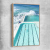 Beach and coastal wall art print of Bondi Iceberg with raw oak framed canvas