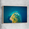 Beach and coastal wall art print of Bradleys Head Aerial with raw oak framed canvas
