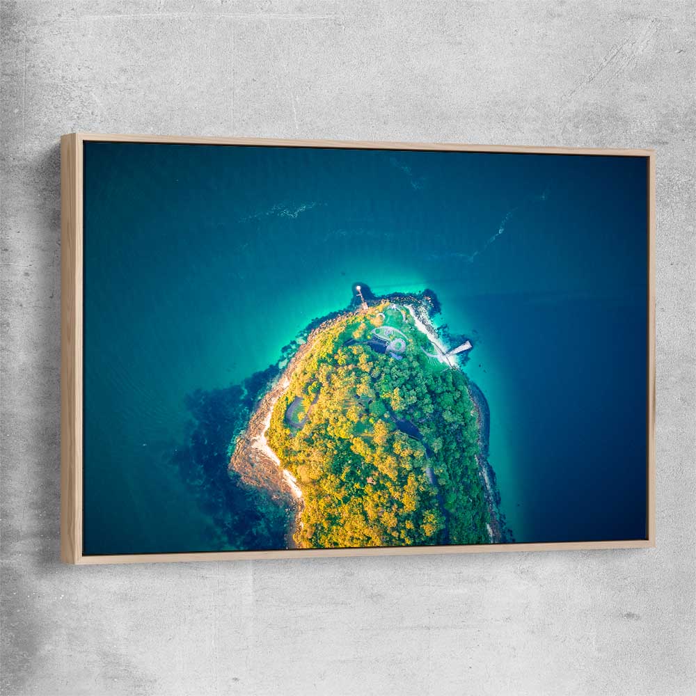 Beach and coastal wall art print of Bradleys Head Aerial with raw oak framed canvas