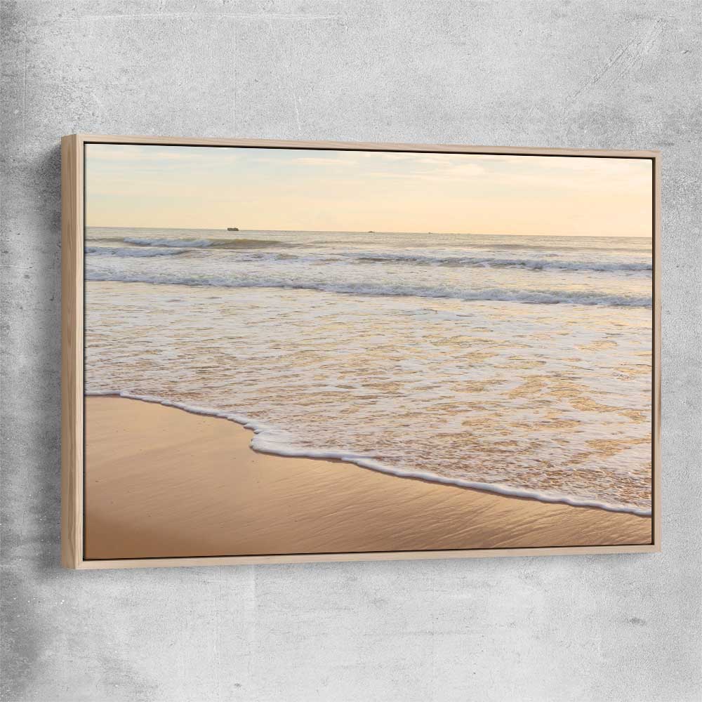 Beach and coastal wall art print of Calm Tides with raw oak framed canvas