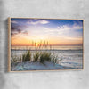 Beach and coastal wall art print of Calming Sunset with raw oak framed canvas