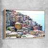 Beach and coastal wall art print of Cinque Terre with raw oak framed canvas