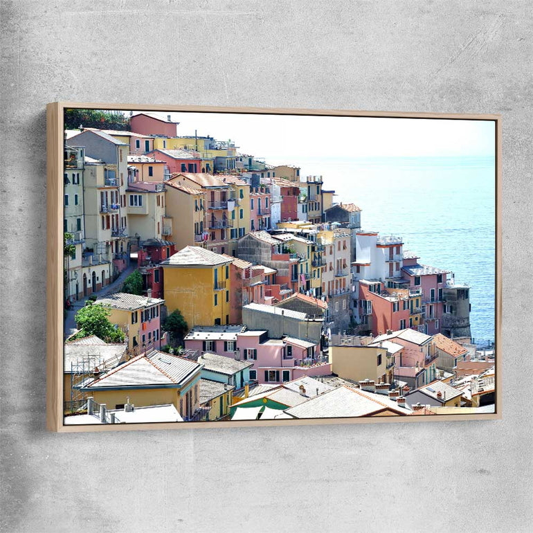 Beach and coastal wall art print of Cinque Terre with raw oak framed canvas