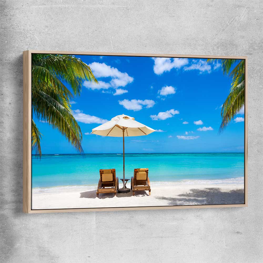 Beach and coastal wall art print of Coastal Retreat with raw oak framed canvas