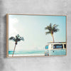 Beach and coastal wall art print of Combi Van Palms with raw oak framed canvas