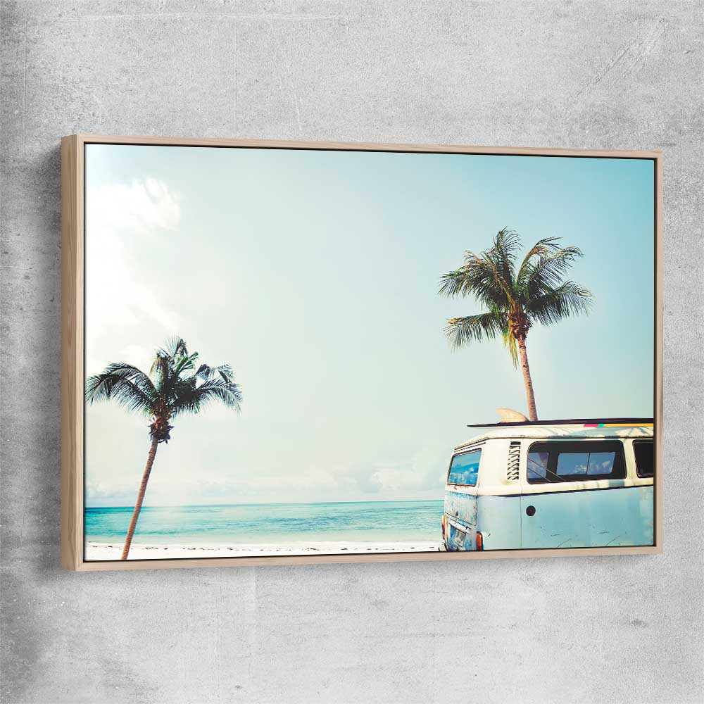Beach and coastal wall art print of Combi Van Palms with raw oak framed canvas
