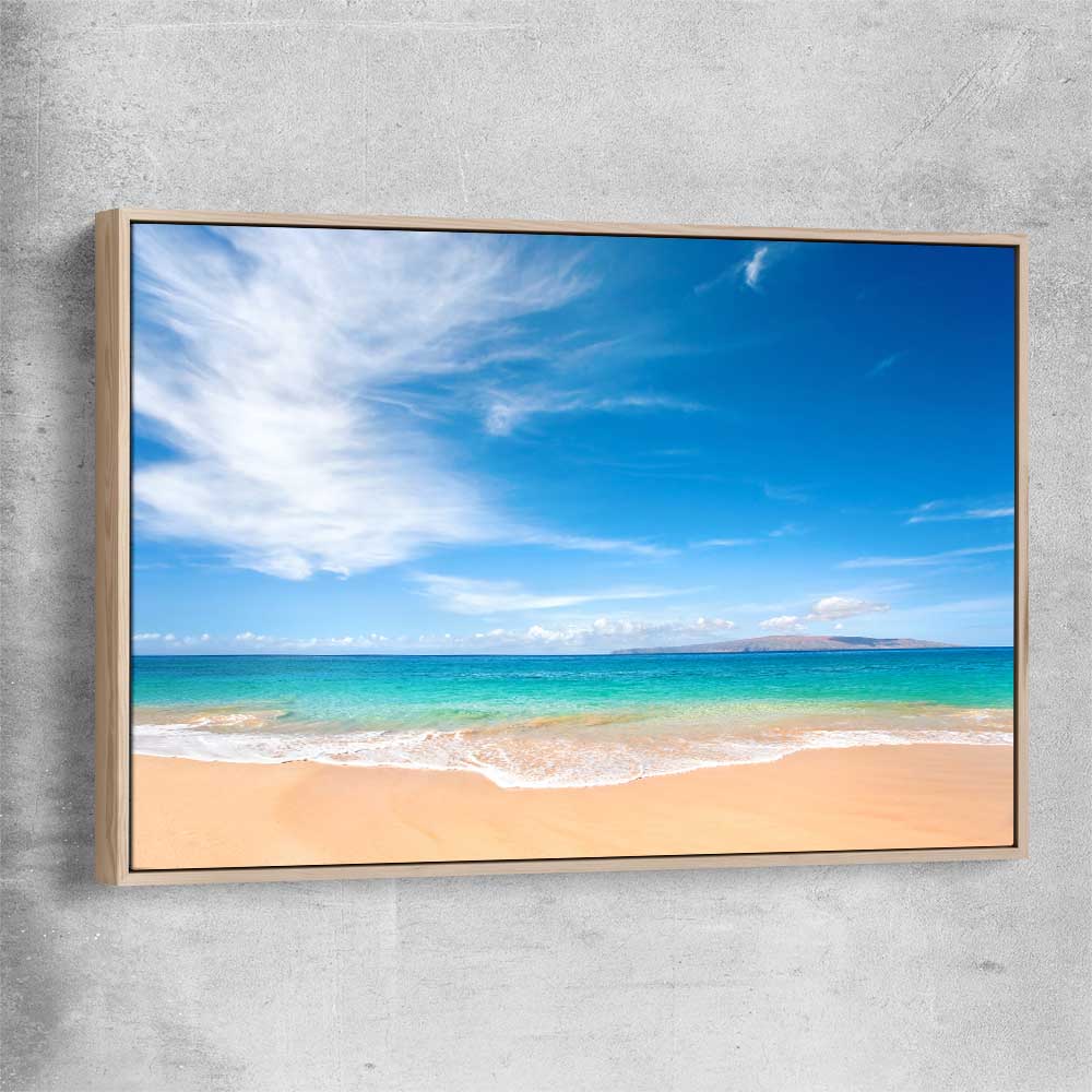 Beach and coastal wall art print of Endless Blue Horizon with raw oak framed canvas
