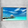 Beach and coastal wall art print of Exotic Beach Bar with raw oak framed canvas