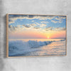 Beach and coastal wall art print of Gentle Tide at Dusk with raw oak framed canvas