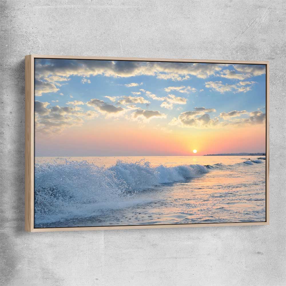 Beach and coastal wall art print of Gentle Tide at Dusk with raw oak framed canvas