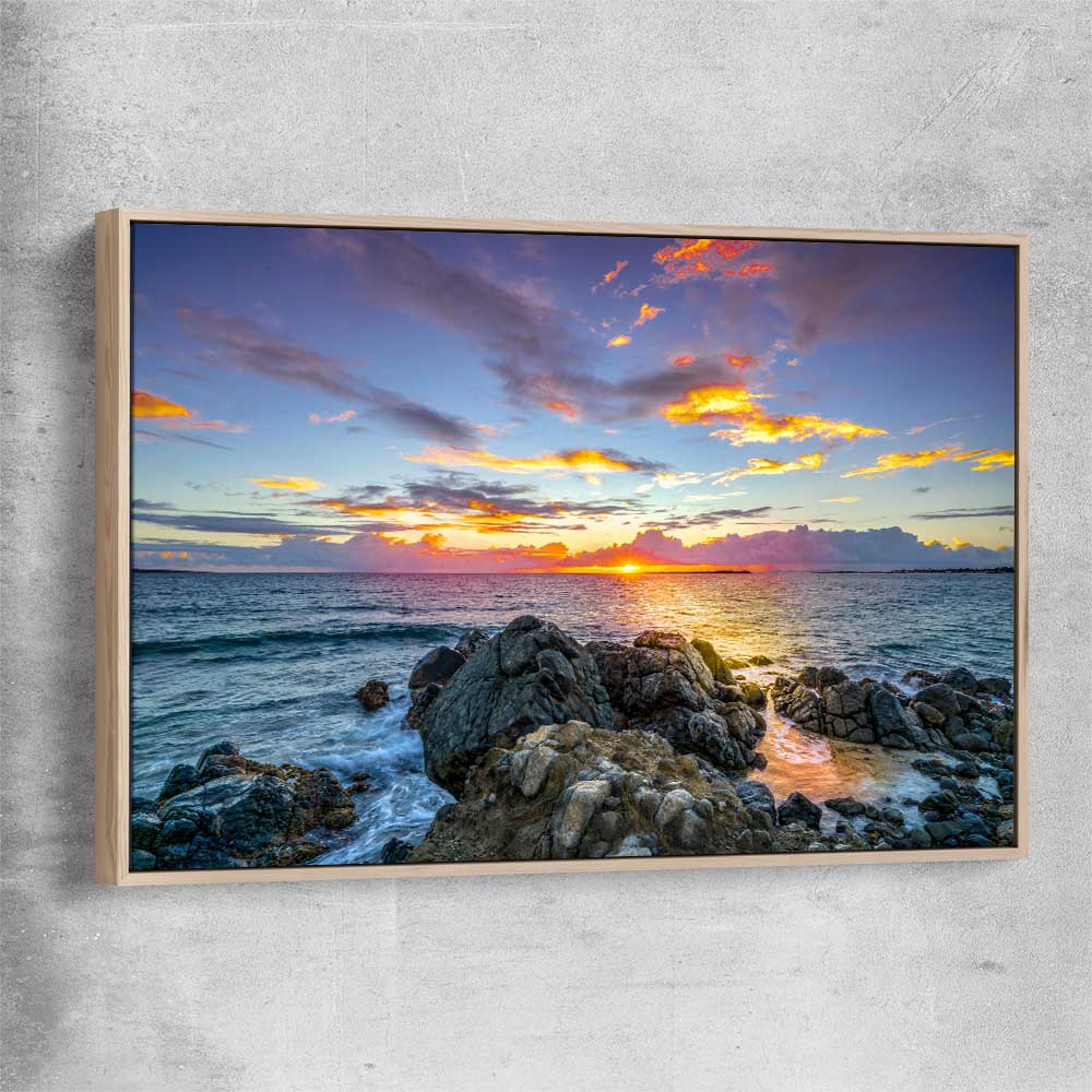Beach and coastal wall art print of Golden Coast Horizon with raw oak framed canvas