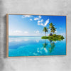 Beach and coastal wall art print of Island Serenity with raw oak framed canvas