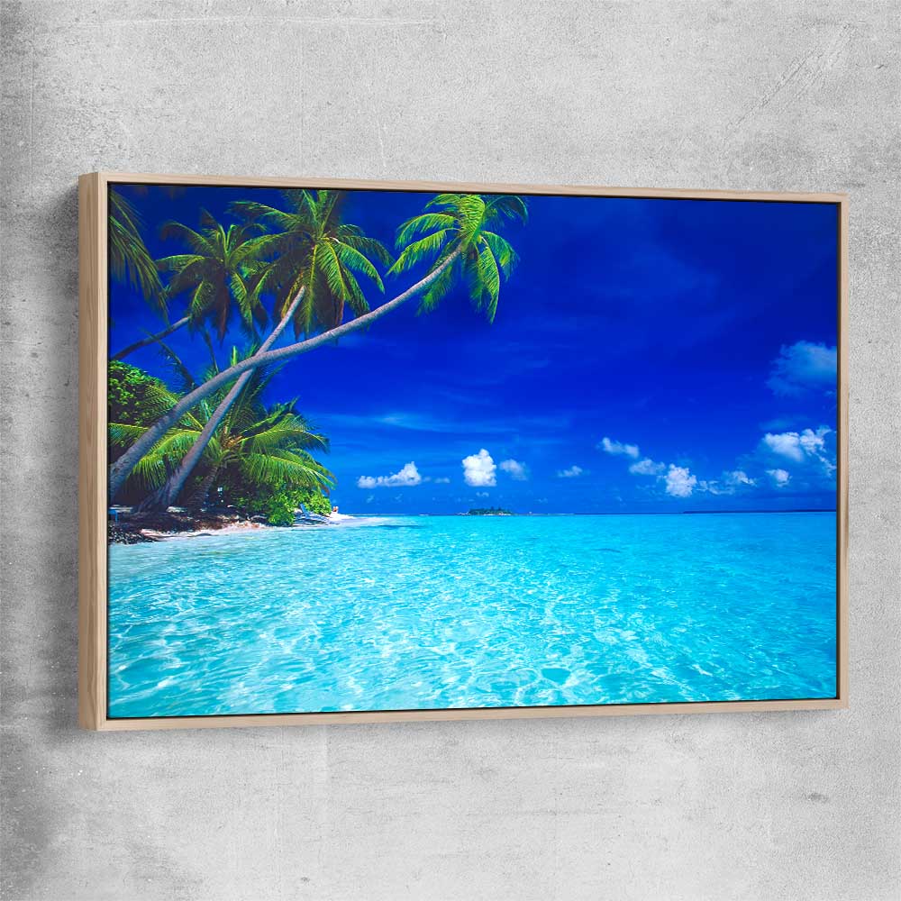 Beach and coastal wall art print of Paradise Shore with raw oak framed canvas