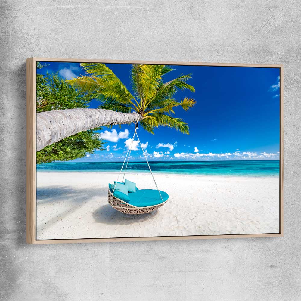 Beach and coastal wall art print of Paradise Swing with raw oak framed canvas