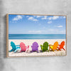 Beach and coastal wall art print of Pastel Chairs with raw oak framed canvas