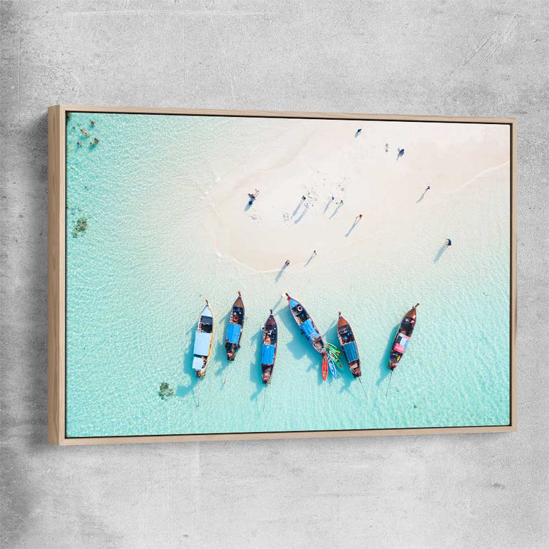 Beach and coastal wall art print of Phuket Aerial with raw oak framed canvas
